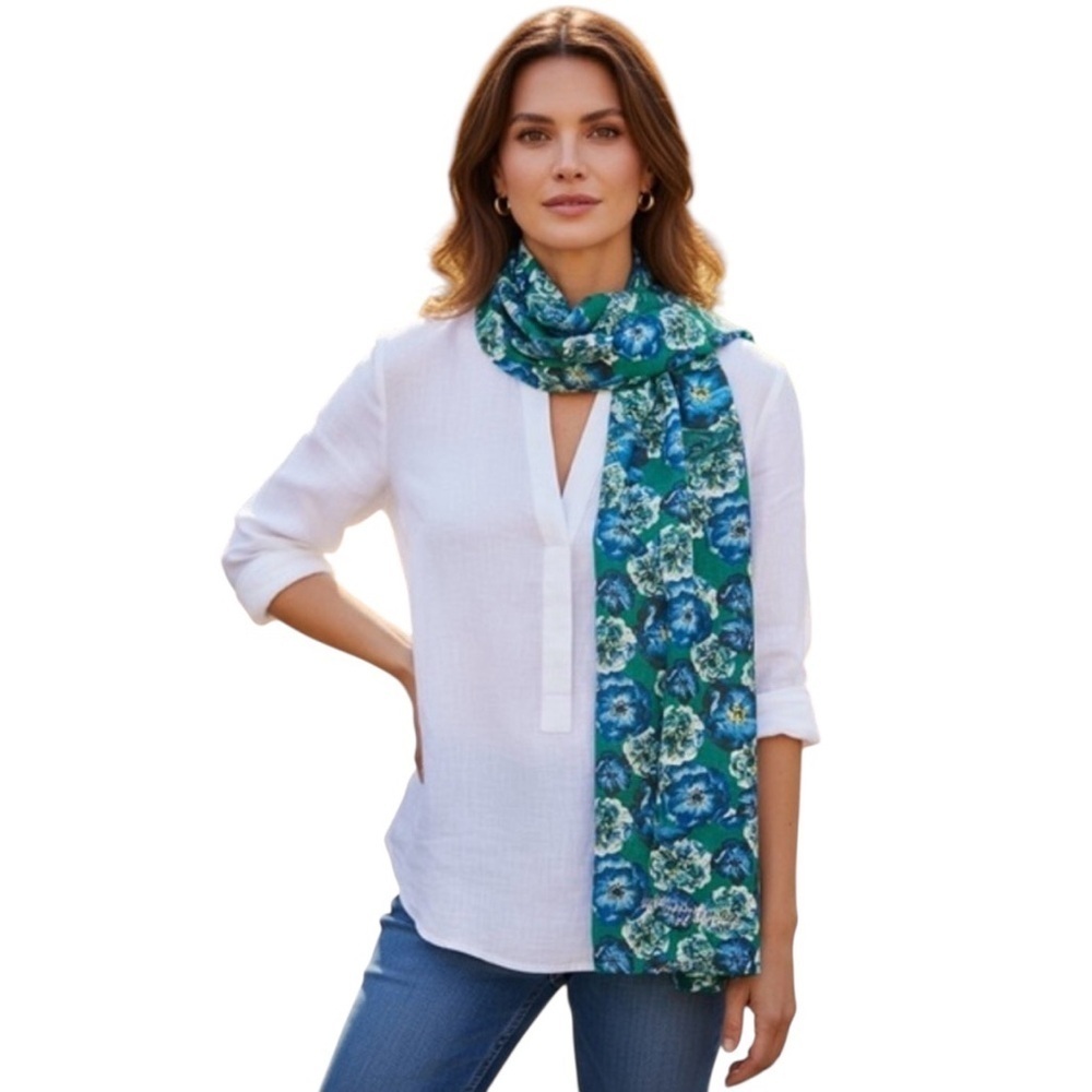 Isaac Mizrahi Live Blue Green Floral Scarf Wrap Lightweight 64x21